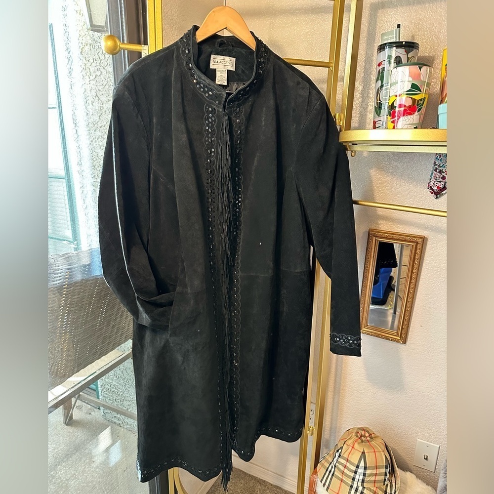 Via Accenti 100% Black Leather Fringe Longline Festival duster jacket size 34W